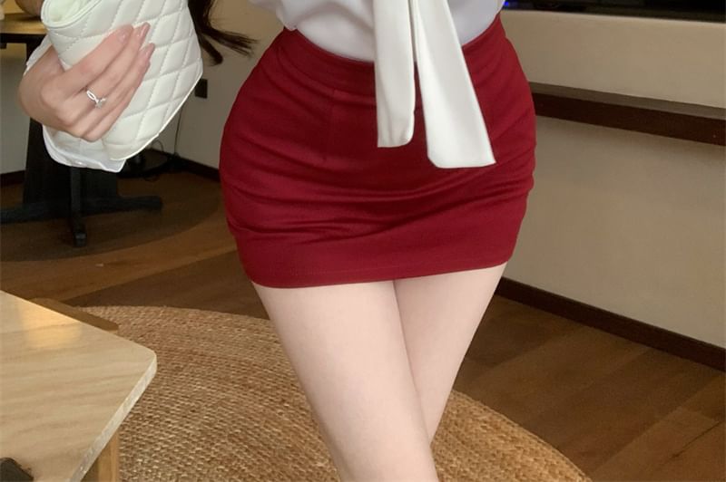 Blouse Long Tie High Mini Pencil / Plain Rise Skirt Neck Sleeve Satin
