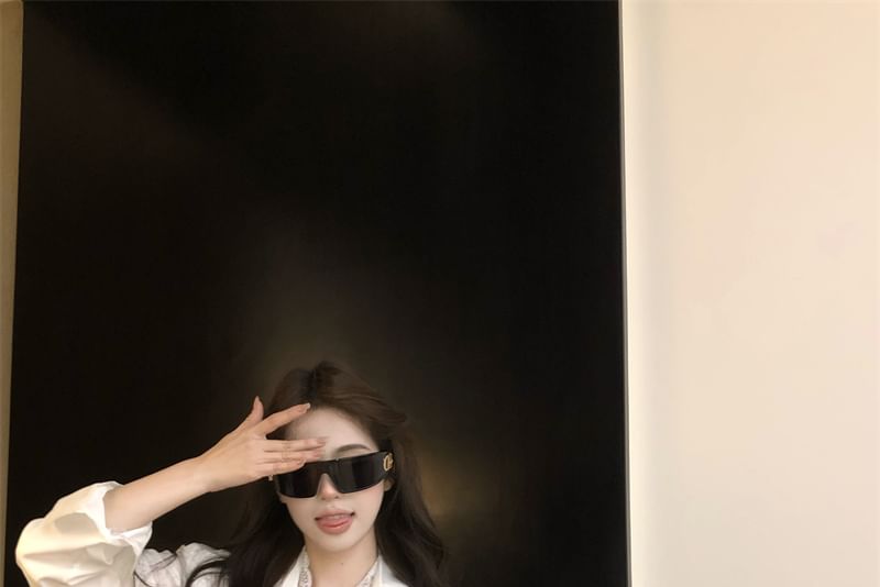 Lace Collared Sleeve Long Panel Shirt Plain