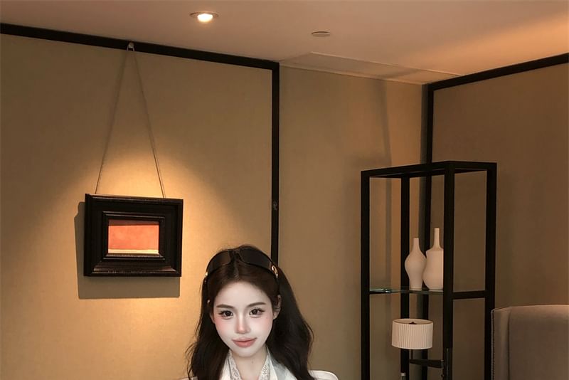 Lace Collared Sleeve Long Panel Shirt Plain