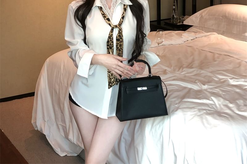 Lace Collared Sleeve Long Panel Shirt Plain