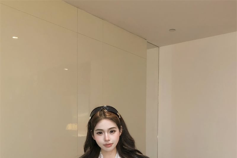 Lace Collared Sleeve Long Panel Shirt Plain