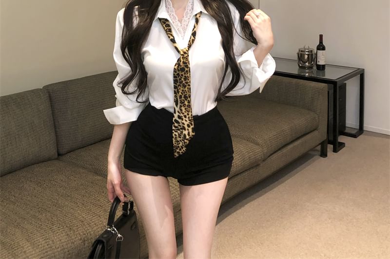 Lace Collared Sleeve Long Panel Shirt Plain