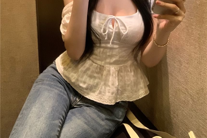 Plain Tie Front Sleeve Peplum Square Short Blouse Neck