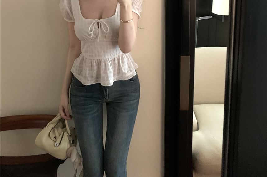 Plain Tie Front Sleeve Peplum Square Short Blouse Neck
