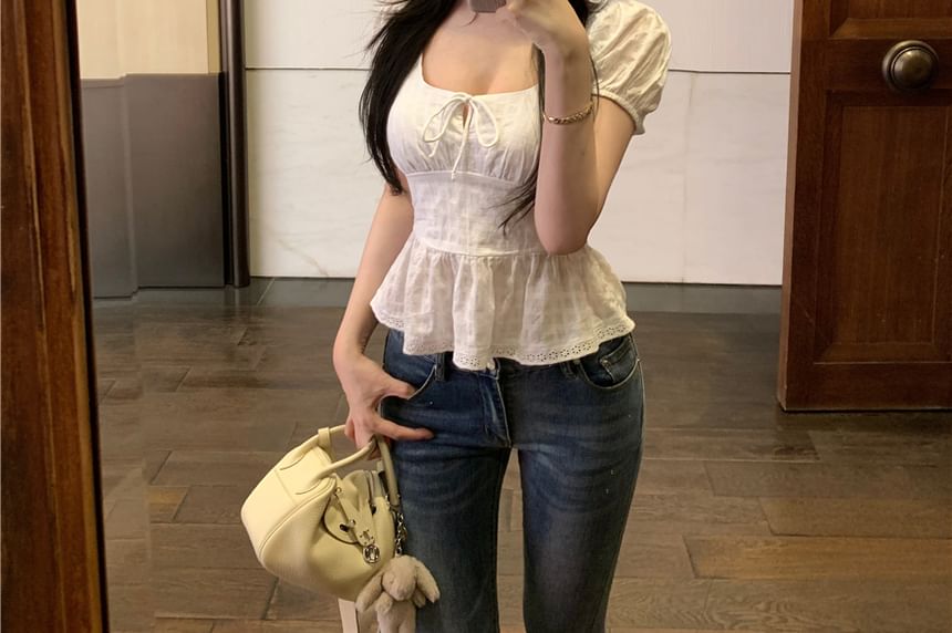 Plain Tie Front Sleeve Peplum Square Short Blouse Neck