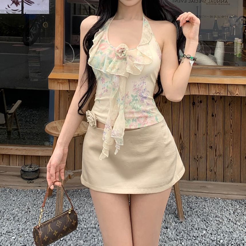 / Mini Print Top Skirt Neck Crop Halter