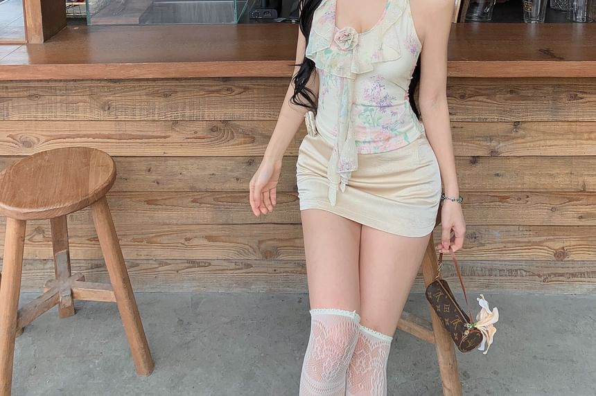 / Mini Print Top Skirt Neck Crop Halter