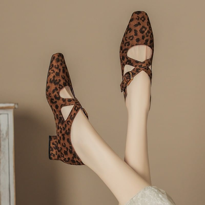 Leopard Cross Print Strap Mary Shoes Jane Chunky Heel