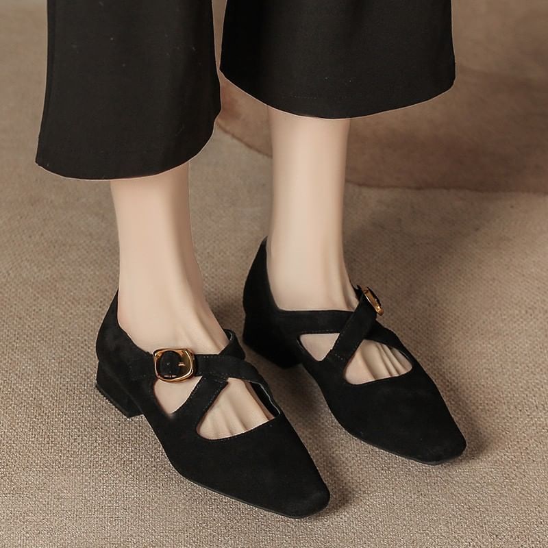 Leopard Cross Print Strap Mary Shoes Jane Chunky Heel