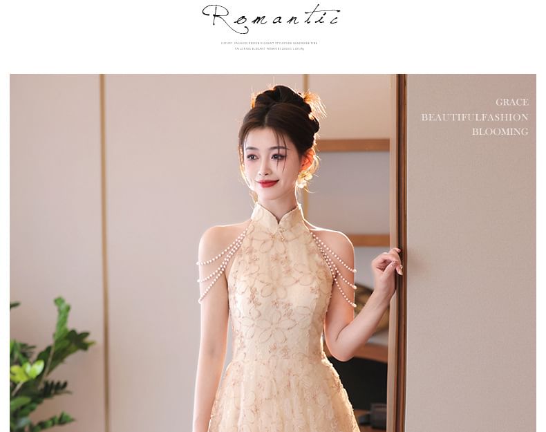 Stand Dress Jacquard Halter Faux Floral Collar Neck A-Line Evening Fringed Pearl