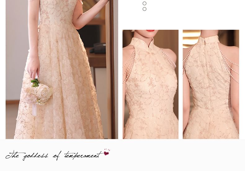 Stand Dress Jacquard Halter Faux Floral Collar Neck A-Line Evening Fringed Pearl