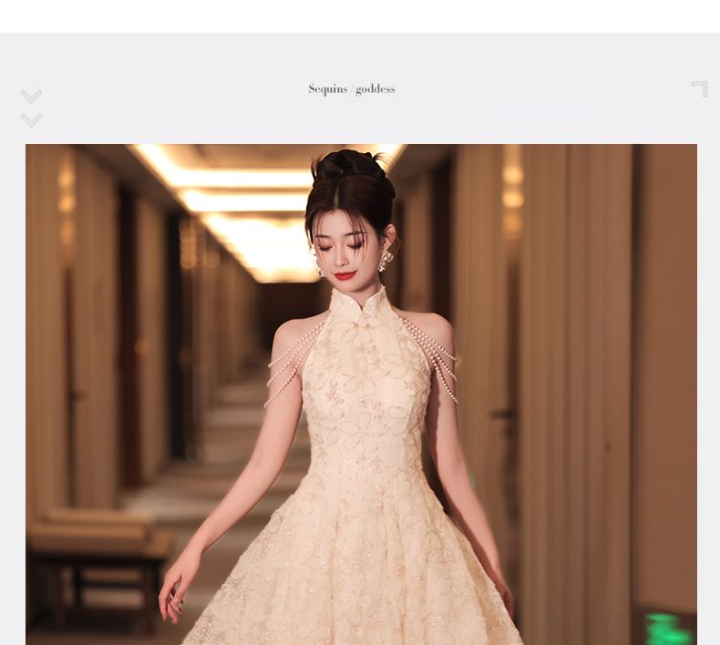 Stand Dress Jacquard Halter Faux Floral Collar Neck A-Line Evening Fringed Pearl