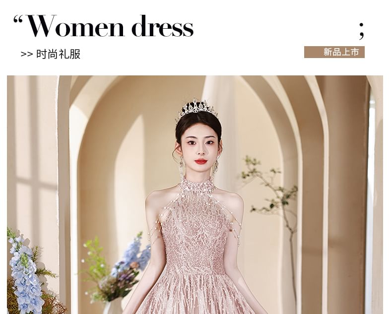 Faux Halter Back Gown Mock A-Line Neck Fringed Pearl Cutout Evening