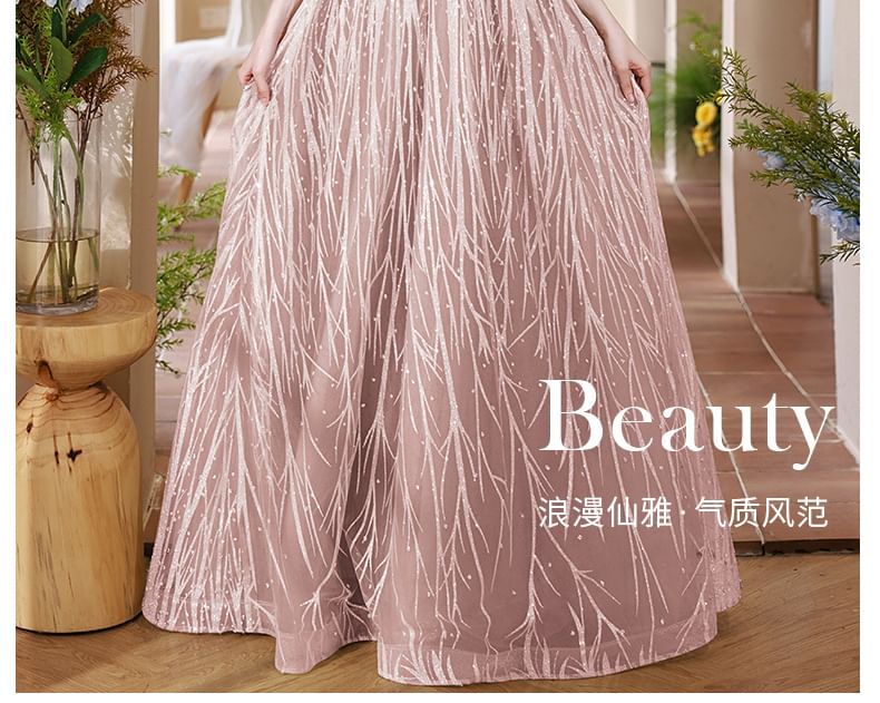 Faux Halter Back Gown Mock A-Line Neck Fringed Pearl Cutout Evening