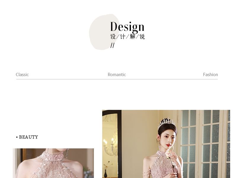 Faux Halter Back Gown Mock A-Line Neck Fringed Pearl Cutout Evening