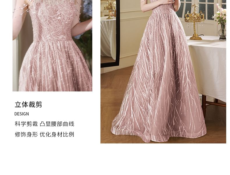 Faux Halter Back Gown Mock A-Line Neck Fringed Pearl Cutout Evening