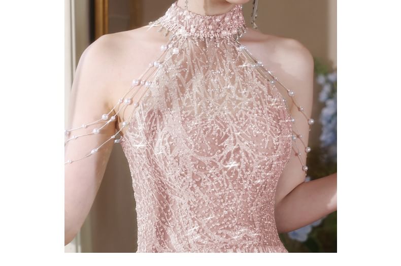 Faux Halter Back Gown Mock A-Line Neck Fringed Pearl Cutout Evening