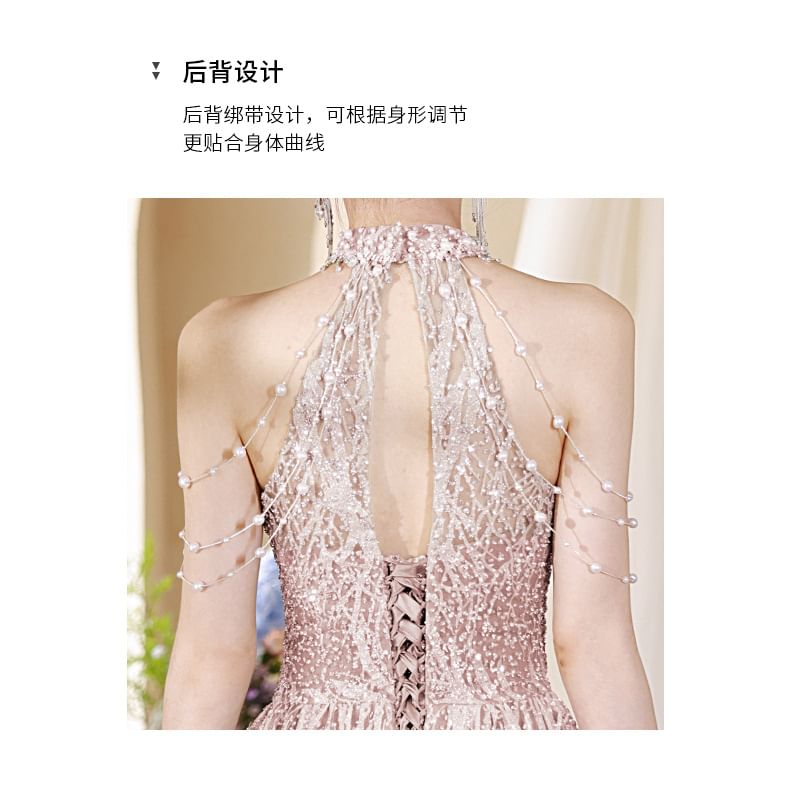 Faux Halter Back Gown Mock A-Line Neck Fringed Pearl Cutout Evening