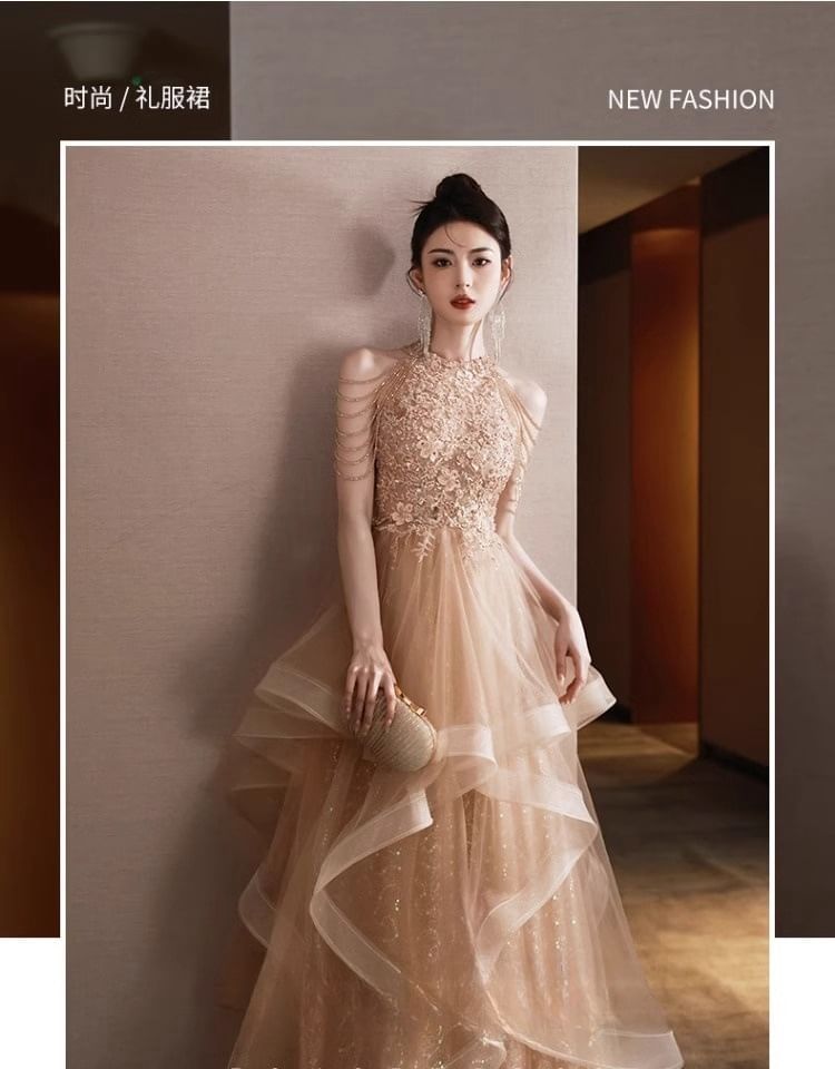 Layered Neck Gown Halter A-Line Sequin Evening Floral Fringed