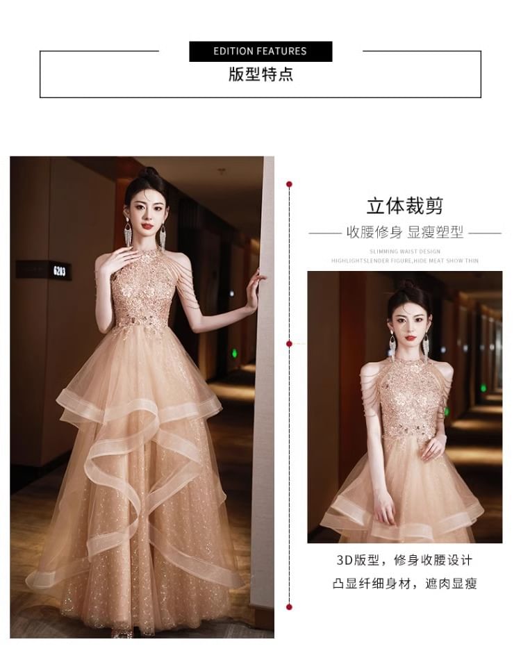 Layered Neck Gown Halter A-Line Sequin Evening Floral Fringed