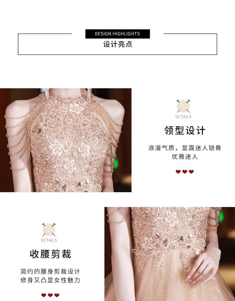 Layered Neck Gown Halter A-Line Sequin Evening Floral Fringed