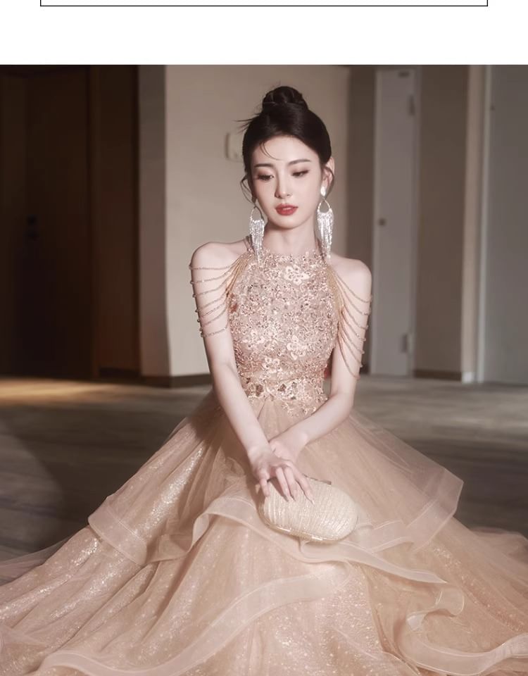 Layered Neck Gown Halter A-Line Sequin Evening Floral Fringed