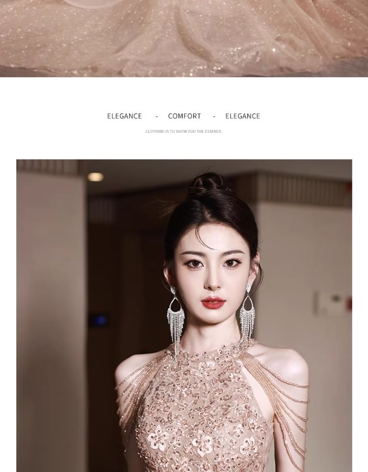 Layered Neck Gown Halter A-Line Sequin Evening Floral Fringed