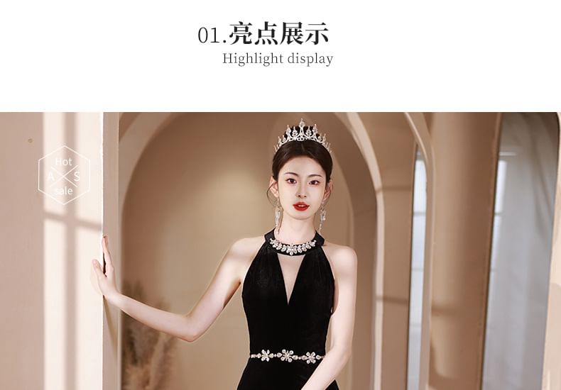 Mermaid Neck Cutout Rhinestone Halter Accent Evening Dress