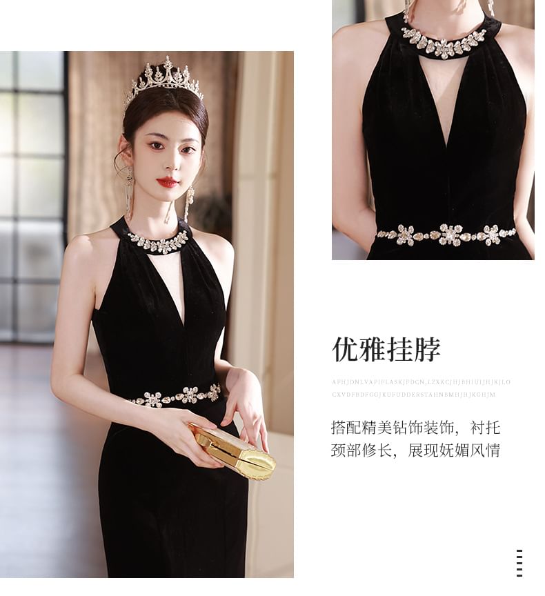Mermaid Neck Cutout Rhinestone Halter Accent Evening Dress