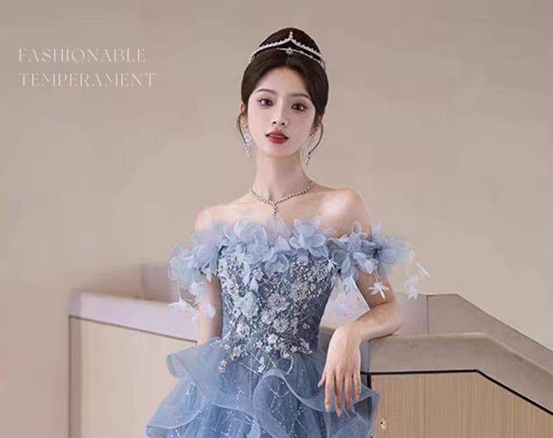 A-Line Floral Ruffle Off-Shoulder Gown Evening Sequin