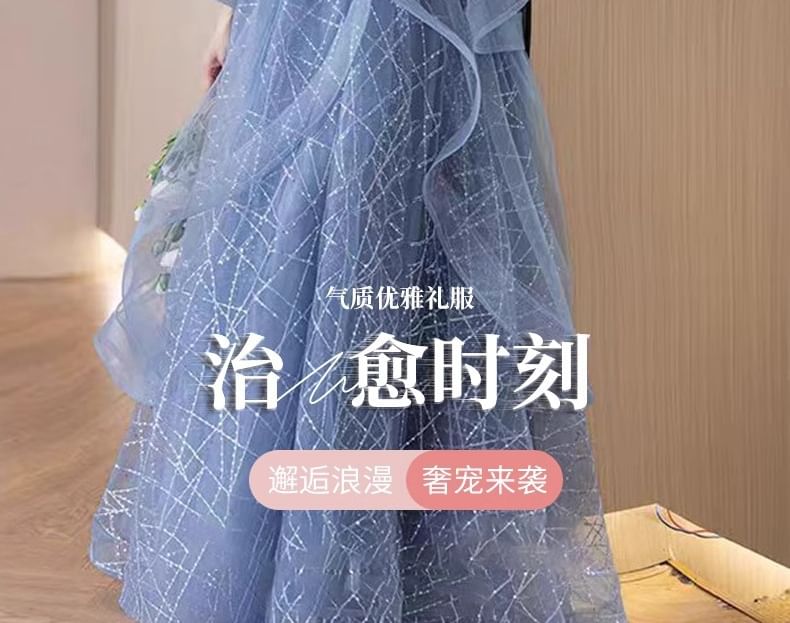 A-Line Floral Ruffle Off-Shoulder Gown Evening Sequin