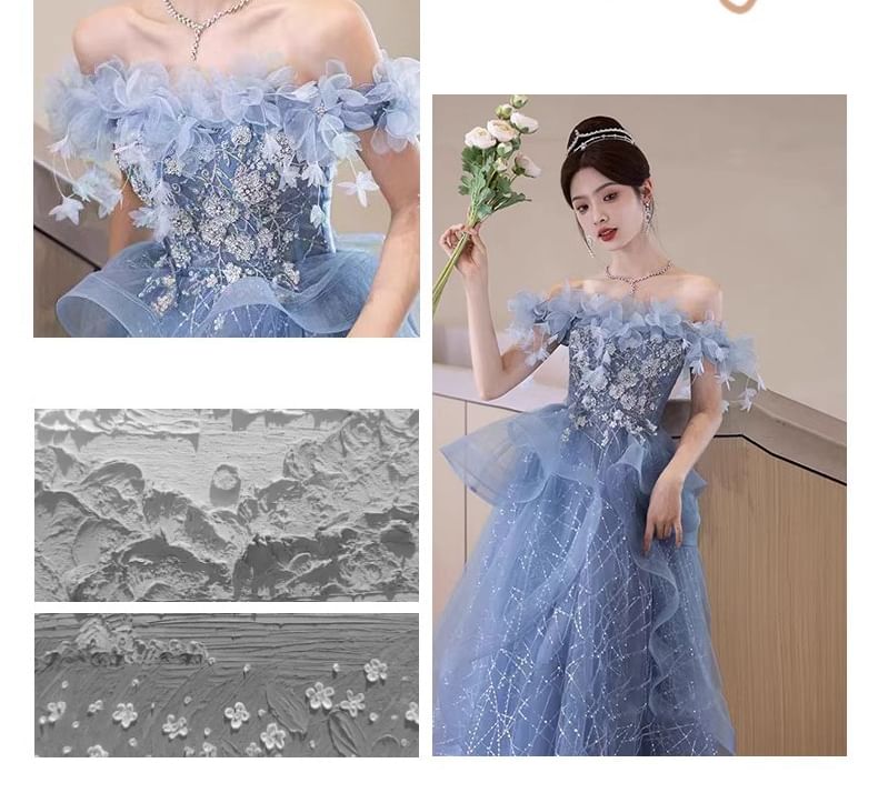 A-Line Floral Ruffle Off-Shoulder Gown Evening Sequin