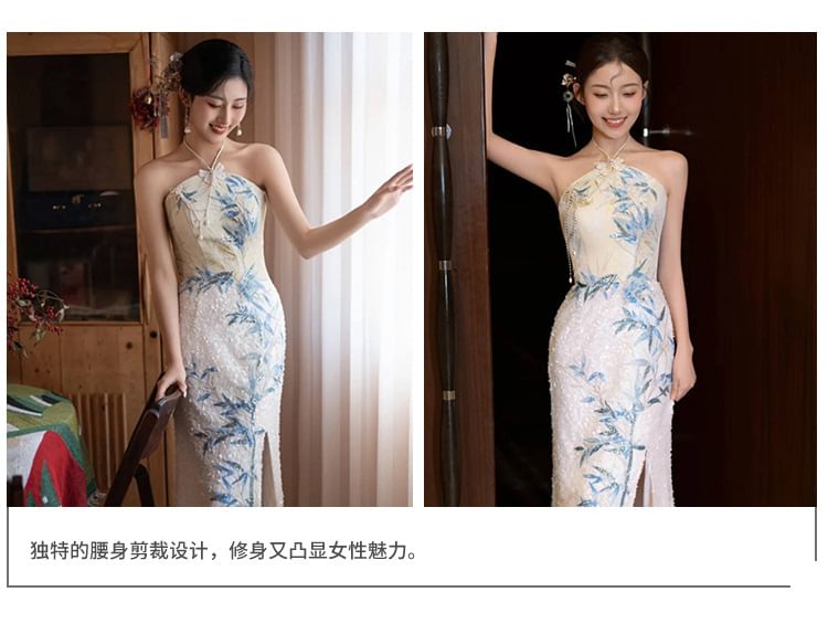 Embroidered Neck Bamboo Slit Evening Sequin Halter Mermaid Dress