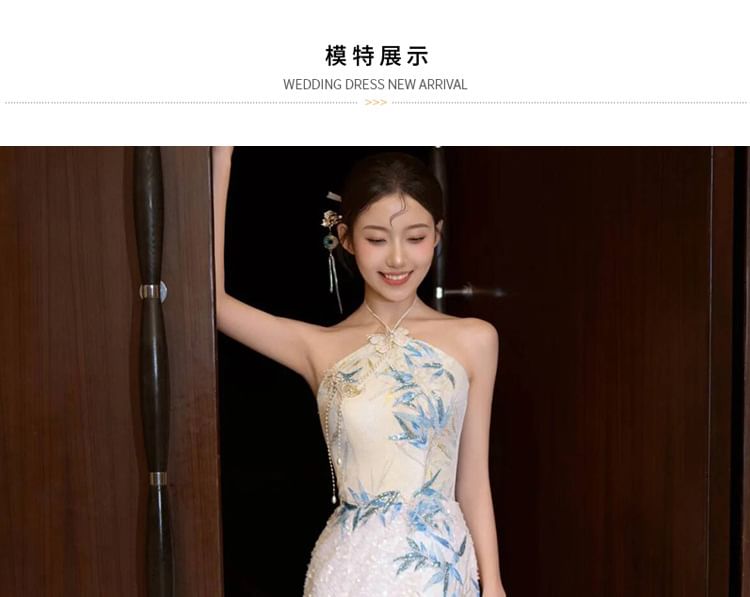 Embroidered Neck Bamboo Slit Evening Sequin Halter Mermaid Dress