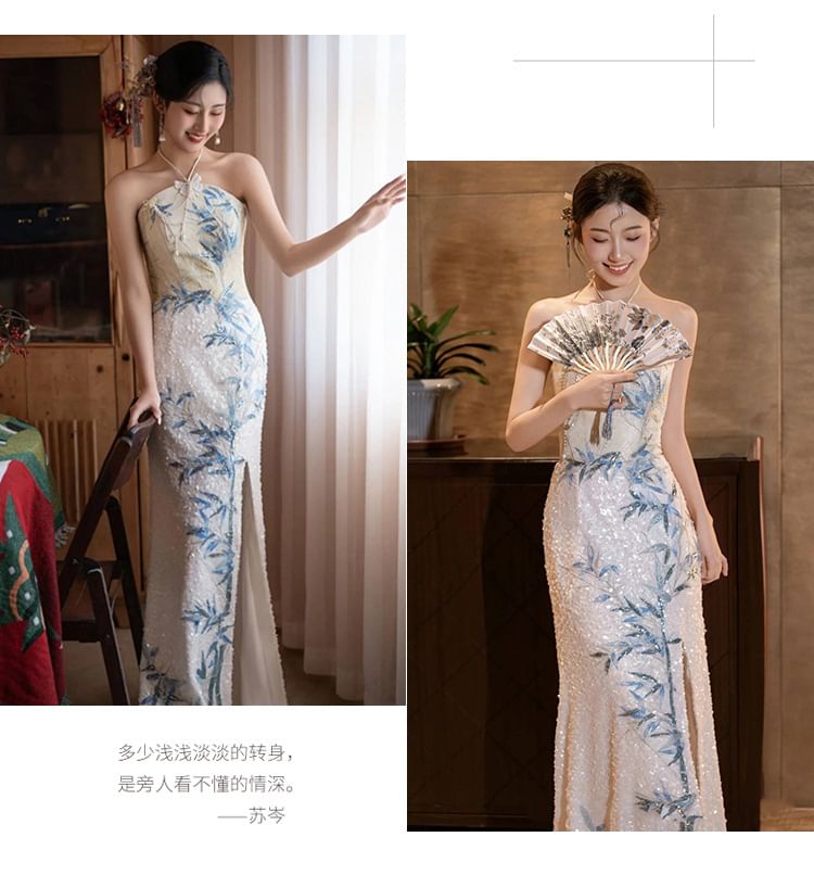 Embroidered Neck Bamboo Slit Evening Sequin Halter Mermaid Dress