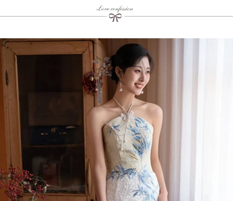 Embroidered Neck Bamboo Slit Evening Sequin Halter Mermaid Dress