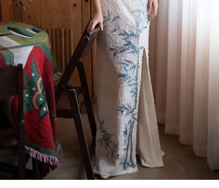 Embroidered Neck Bamboo Slit Evening Sequin Halter Mermaid Dress