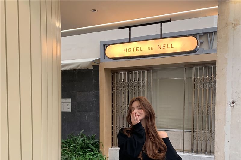 / Drawstring Waist Pullover Trim Plain Contrast Off-Shoulder