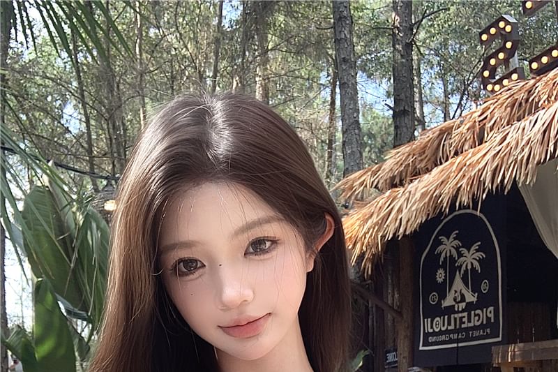 Plain Washed Tube / Lace Top Ruched Bow Accent Mid Trim Crop Rise