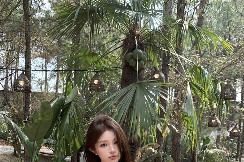 Plain Washed Tube / Lace Top Ruched Bow Accent Mid Trim Crop Rise