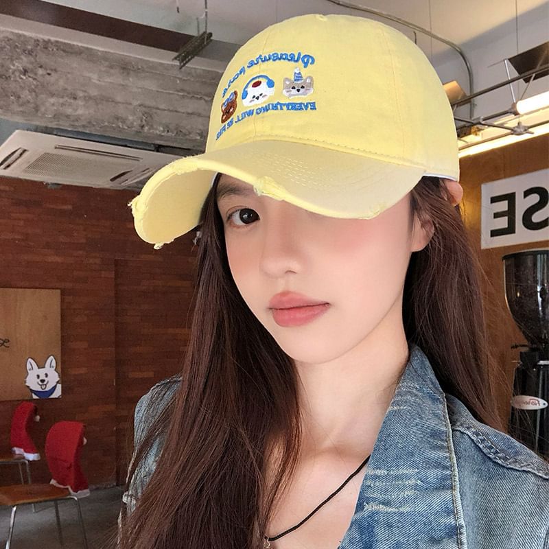 Distressed Baseball Cap Embroidered Cartoon