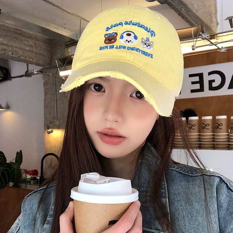Distressed Baseball Cap Embroidered Cartoon