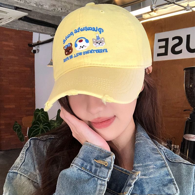 Distressed Baseball Cap Embroidered Cartoon