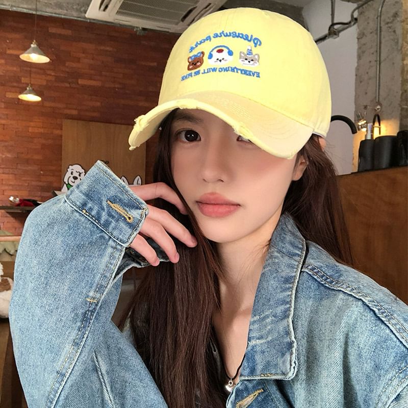 Distressed Baseball Cap Embroidered Cartoon