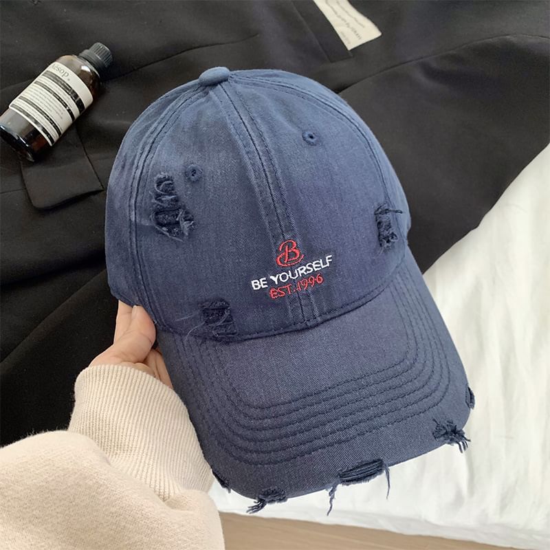 Lettering Embroidered Baseball Distressed Cap