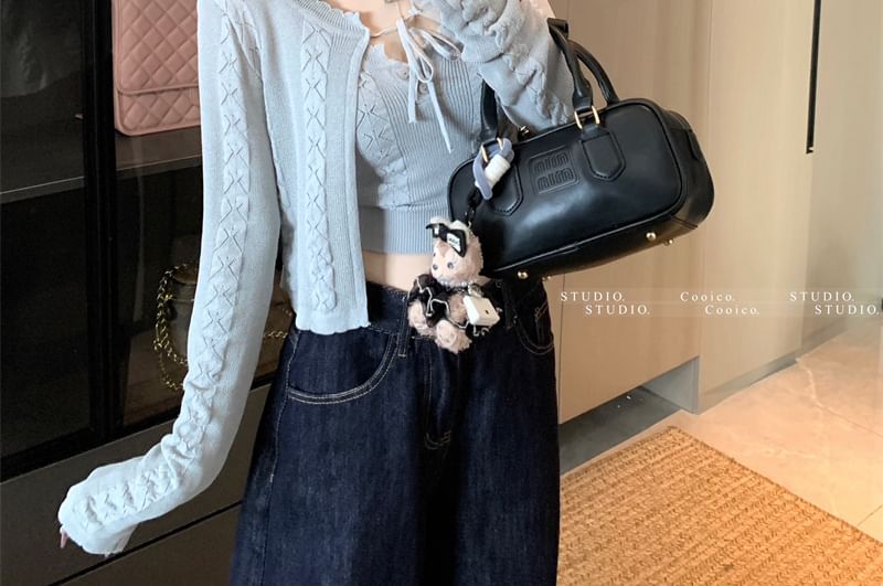 Sleeveless Cable Cardigan Top Plain Neck Set: Knit Crop + Scoop