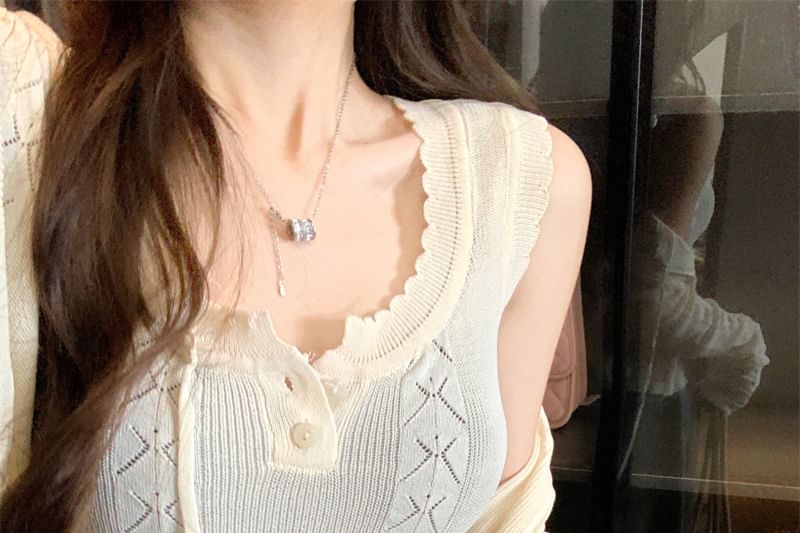 Sleeveless Cable Cardigan Top Plain Neck Set: Knit Crop + Scoop