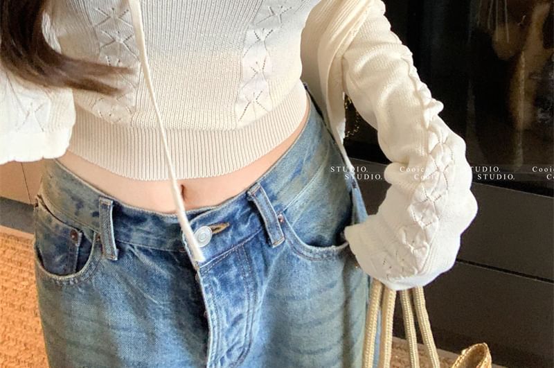 Sleeveless Cable Cardigan Top Plain Neck Set: Knit Crop + Scoop