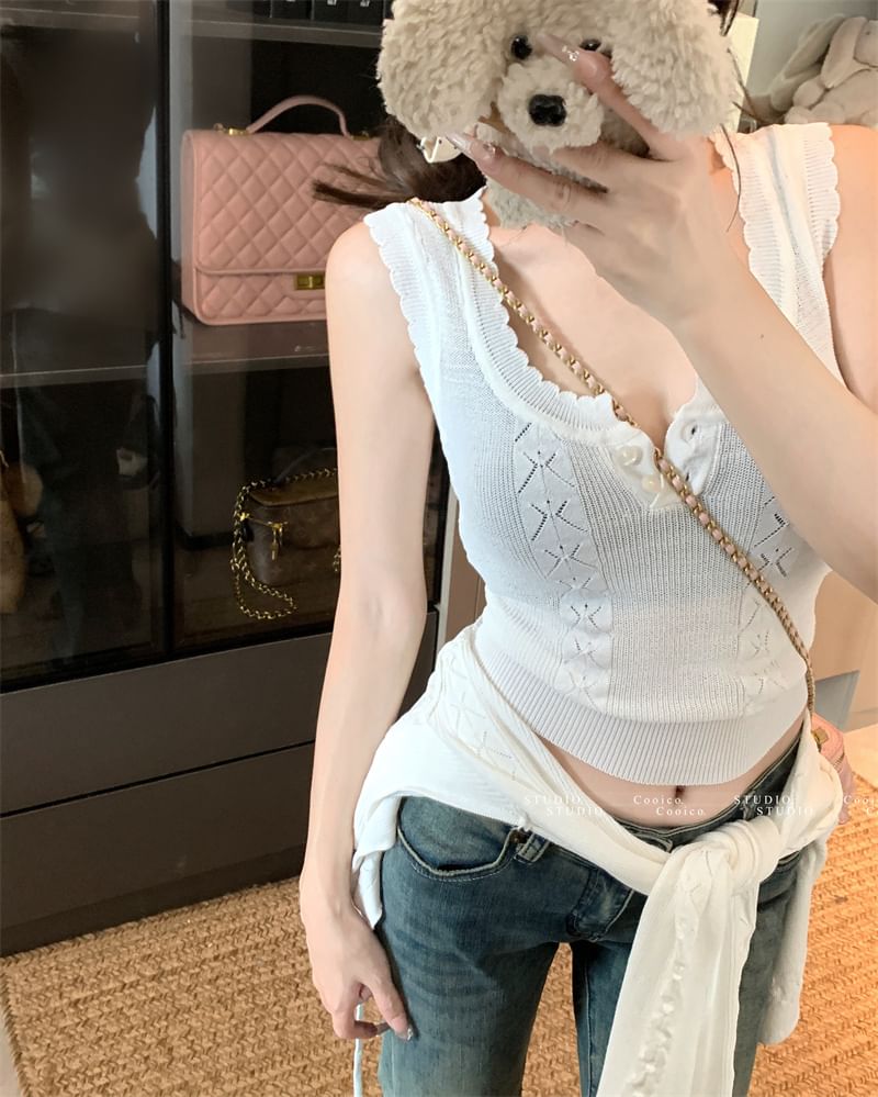 Sleeveless Cable Cardigan Top Plain Neck Set: Knit Crop + Scoop