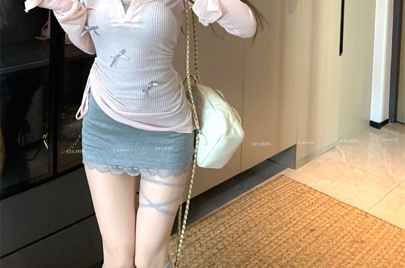 Mini Top Long-Sleeve Trim Neck Strap Spaghetti Bow / Bodycon Plain Dress Lace Knit Scoop